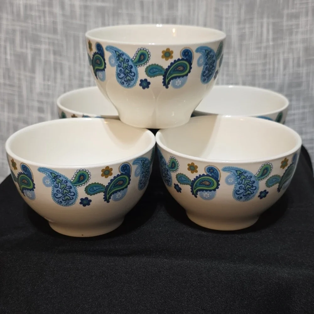 Royal Norfolk Paisley Ceramic Four-Piece Bowl Set, White Blue Green Floral